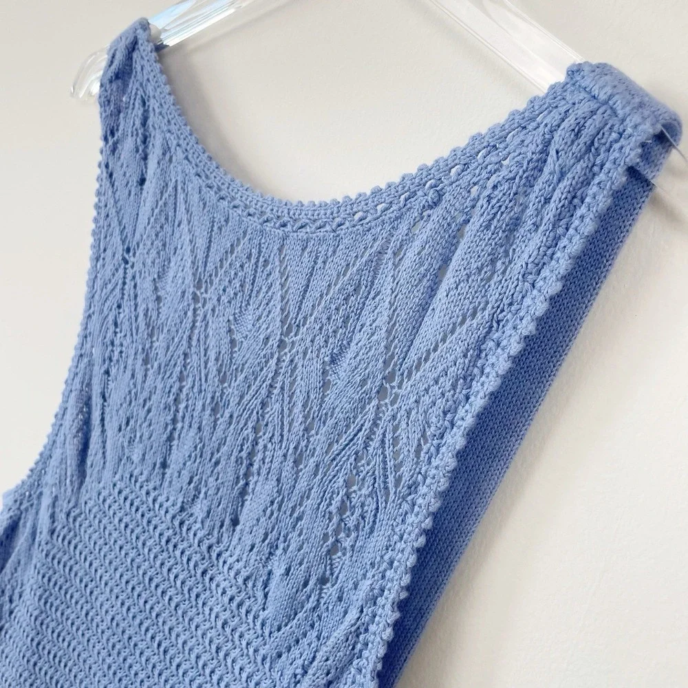 Free People Beach Knit Low Back Dress Sz  XL Crochet Blue Coverup Stretch -Note! - Picture 5 of 14